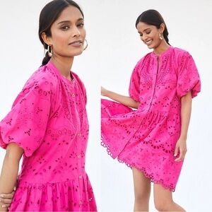 Anthropologie • Tallulah Eyelet Mini Dress pink cotton puff sleeve scalloped
